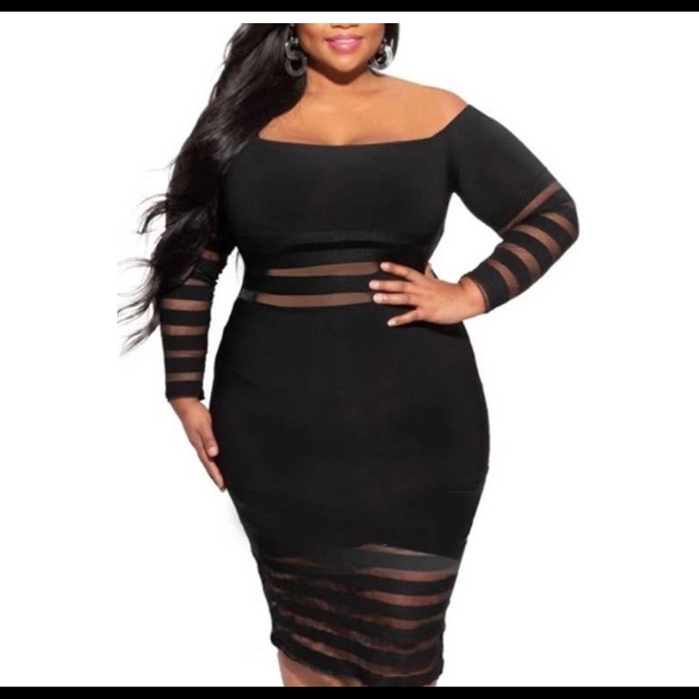 Black body con with see thru mesh striping to show off your plus curves.